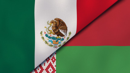 The flags of Mexico and Belarus. News, reportage, business background. 3d illustration