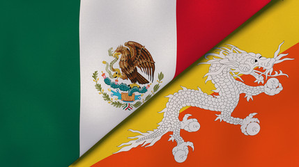 The flags of Mexico and Bhutan. News, reportage, business background. 3d illustration
