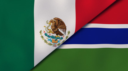 The flags of Mexico and Gambia. News, reportage, business background. 3d illustration