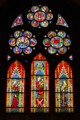 Freiburg im Breisgau, Baden-Wuerttemberg, Germany. Stained glass windows in the cathedral of...