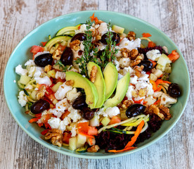  Vegetarian olive salad and feta. Close up.