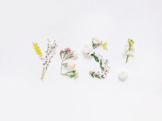 Word Yes! made of flowers. Flat lay, top view, minimal creative floral composition.