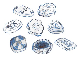 set of cakes and cookies.hand-drawn drawing.a white background is used.for use in printed products, packaging paper, interior and decor