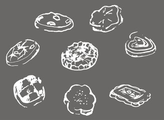 set of cakes and cookies.hand-drawn drawing.a gray background is used.for use in printed products, packaging paper, interior and decor.