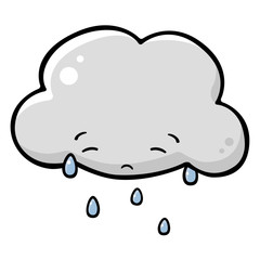 Vector drawing of a cute raining cloud with a sad face. Black outline and flat colors. Can represent bad weather, a forecast, a storm, a rainy day, sadness, meteorology or the atmosphere.