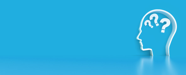 question mark in Human Head outline in front of a color wall background. Business support concept