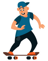Boy riding skateboard. Male character in cartoon style.