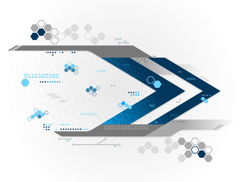 Vector illustration of a blue futuristic technological abstract background with arrows, binary code / data, dynamic lines, shapes, patterns, hexagons in various tones with gradient effects.