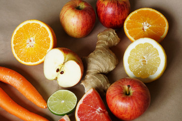 Top view of some fresh fruits lying on a table