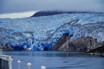 Panoramic view of Tempanos Glacier landscape, scenery and ice field in the region of Los Glaciares...