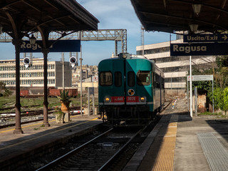 Passenger train on the railway. Railway transport.