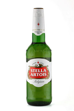 LVIV, UKRAINE - April 08, 2020: bottle of beer Stella artois white background