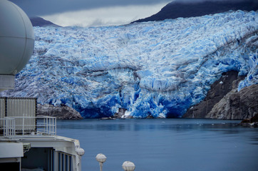 Panoramic view of Tempanos Glacier landscape, scenery and ice field in the region of Los Glaciares...