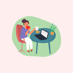 Healthy snack concept. Beautiful and healthy girl working at home eats an apple. Flat vector illustration. Web design for banner, poster and card