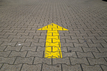 Simple straightforward solution concept: Yellow arrow an paving blocks showing direction straight ahead