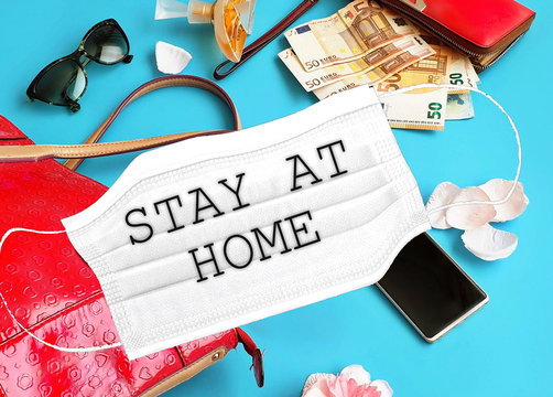 shop online banner ,women shopping accessories red handbag wallet with euro money sunglasses ,phone and aroma perfume on blue background fashion business background ,stay at home - Powered by Adobe