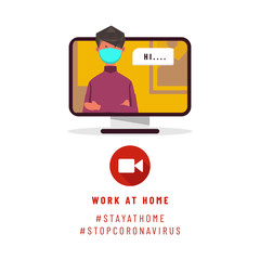 Flat illustration work at home with online meeting on laptop for stop coronavirus