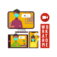 Flat illustration work at home with online meeting for stop coronavirus