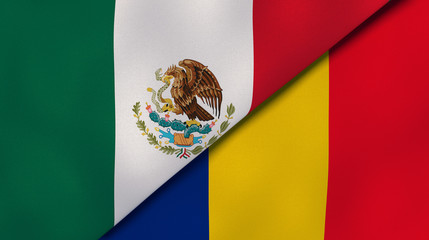 The flags of Mexico and Romania. News, reportage, business background. 3d illustration
