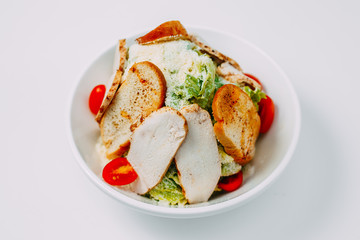 tomato and chicken salad, healthy food isolated on white background