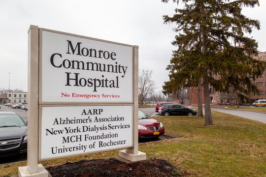 Rochester, NY, USA - March 3, 2020: Monroe Community General hospital in Rochester, New York, a fully certified residential health care facility. 