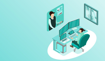 Man working with pc at his work desk with video conference, Working from home, Outside window is virus cells, programmer, business analysis, designer, freelancer, Isometric COVID-19 vector.
