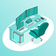 Vector isometric desk, desktop pc, two computer monitors, laptop, office chair.