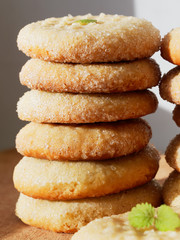A stack of cookies with sugar. Sweet homemade cakes.