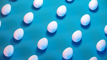 3d trendy easter blue pastel background pattern. Minimal fashion banner with white eggs, creative concept. 3d render. 3d illustration.