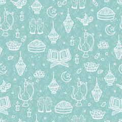 Islamic Symbols background. Arabic Seamless Pattern. Iftar party. Ramadan Kareem.
