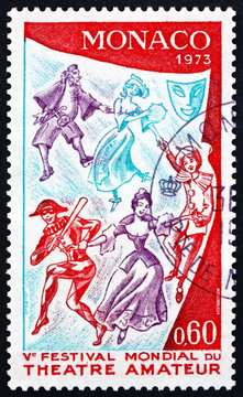 Postage stamp Monaco 1973 costumed players and mask