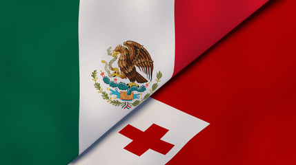 The flags of Mexico and Tonga. News, reportage, business background. 3d illustration