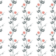 Seamless pattern of vertical branches with leaves and a red flower mandala on a white background.