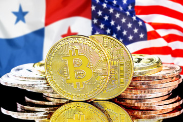 Bitcoins on Panama and United States of America flag background. Concept for investors in cryptocurrency and Blockchain technology in the Panama and US.