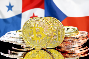 Bitcoins on Panama and Czech Republic flag background. Concept for investors in cryptocurrency and Blockchain technology in the Panama and Czech Republic.