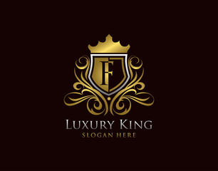 Luxury Shield F Letter Logo, Gold F Classic Protection Symbol.