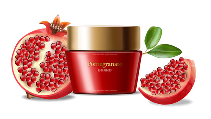 Pomegranate face cream realistic, red cosmetics, white background