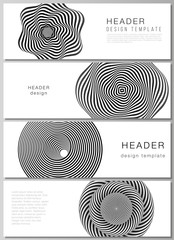 The minimalistic vector illustration of the editable layout of headers, banner design templates. Abstract 3D geometrical background with optical illusion black and white design pattern.
