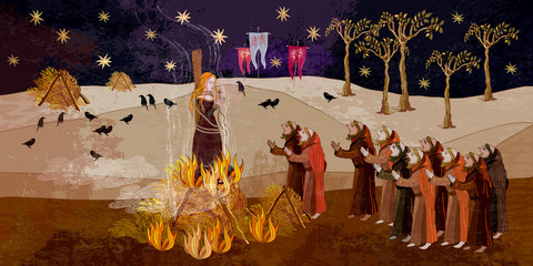 Medieval scene. Inquisition. Burning witches. Middle Ages parchment style. Joan of Arc (Jeanne d'Arc) concept. Monks at a fire with the witch. Ancient book art