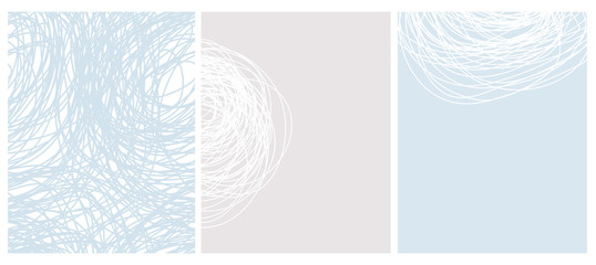 Abstract Hand Drawn Childish Vector Pattern and 2 Layouts. White Sketched Scribbles  Isolated on a Pastel Blue and Light Gray Backgrounds.Repeatable Print with Blue Messy Hand Drawn Lines on a White.