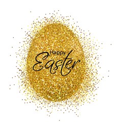 Happy Easter, realistic egg, golden glitter egg card illustration, white background
