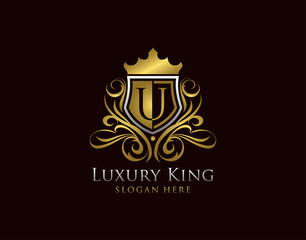 Luxury Shield U Letter Logo, Gold U Classic Protection Symbol.