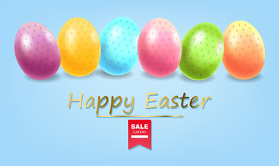 Happy Easter, realistic eggs, colored eggs card illustration, blue background