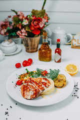 grilled chicken breast with mashed potatoes isolated on white background