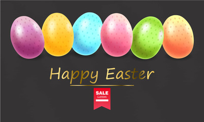 Happy Easter, realistic eggs, colored eggs card illustration, black background