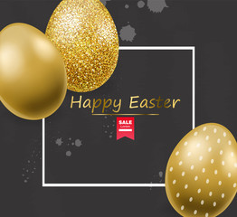 Happy Easter, realistic eggs set, golden glitter eggs card illustration, white background