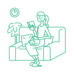 Stay home concept. Girl takes care for reading book, quarantine due to coronavirus. Illustration of home activities
