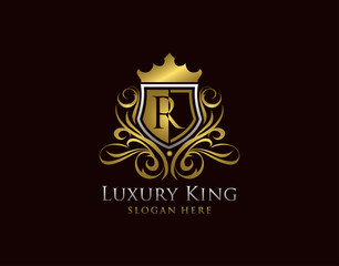 Luxury Shield R Letter Logo, Gold R Classic Protection Symbol.