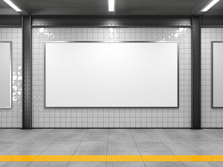 Blank horizontal big poster in public place. Billboard mockup on subway station. 3D rendering. - obrazy, fototapety, plakaty