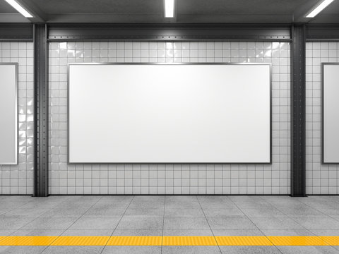 Blank horizontal big poster in public place. Billboard mockup on subway station. 3D rendering.